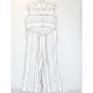 Style & Co Crop Pant Jumpsuit Belted Sleeveless Women PM White Striped Pockets